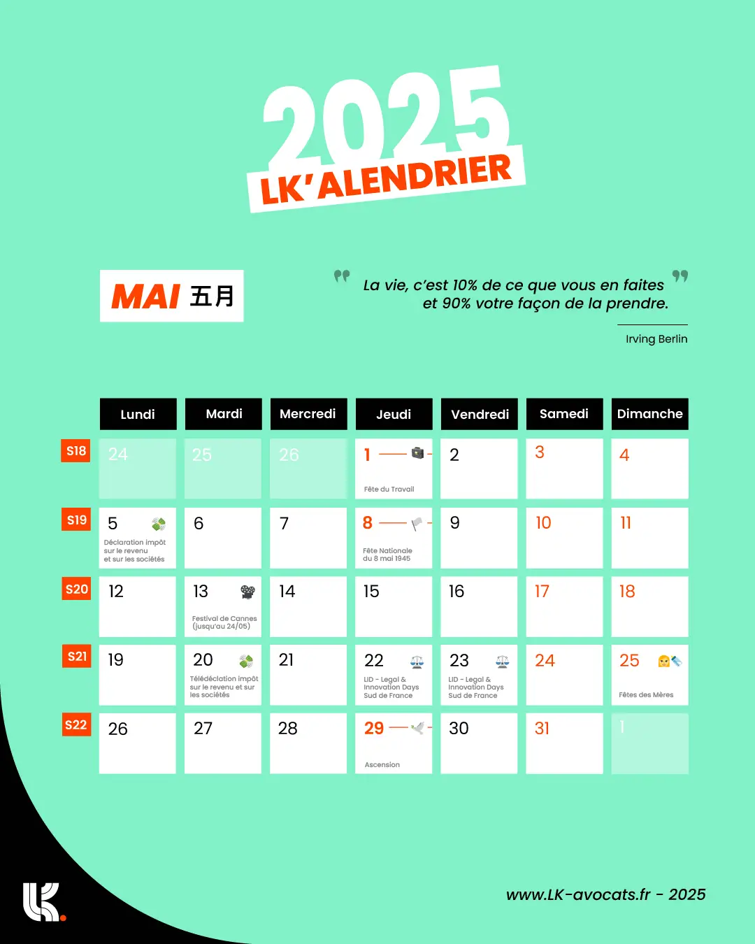 Visuel du LK'alendrier du mois de mai : les dates importantes